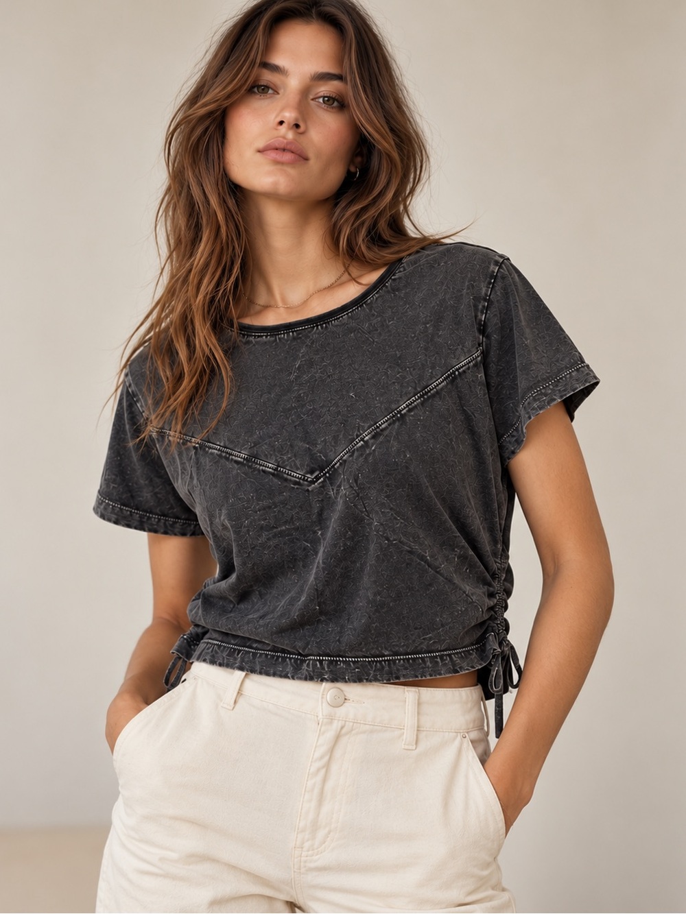The Kooples Paris Black Washed Cotton Cropped Tee Top Size Large Boho